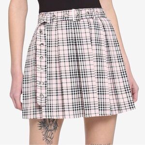 Hot Topic Women SM Pink Plaid Grunge Punk Academia Goth Grommet Belt Mini Skirt
